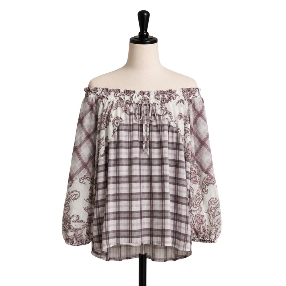LOFT Womens Small Plaid Paisley Mixed Print‎ Off the Shoulder Blouse Pink Gray